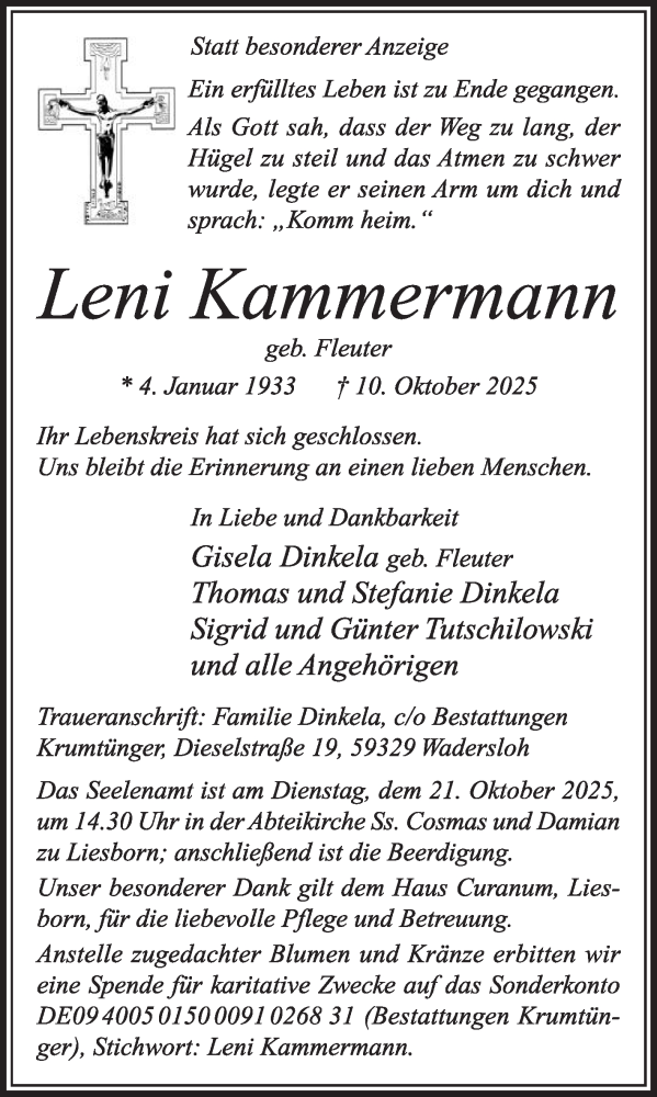  Traueranzeige für Leni Kammermann vom 18.10.2025 aus Die Glocke