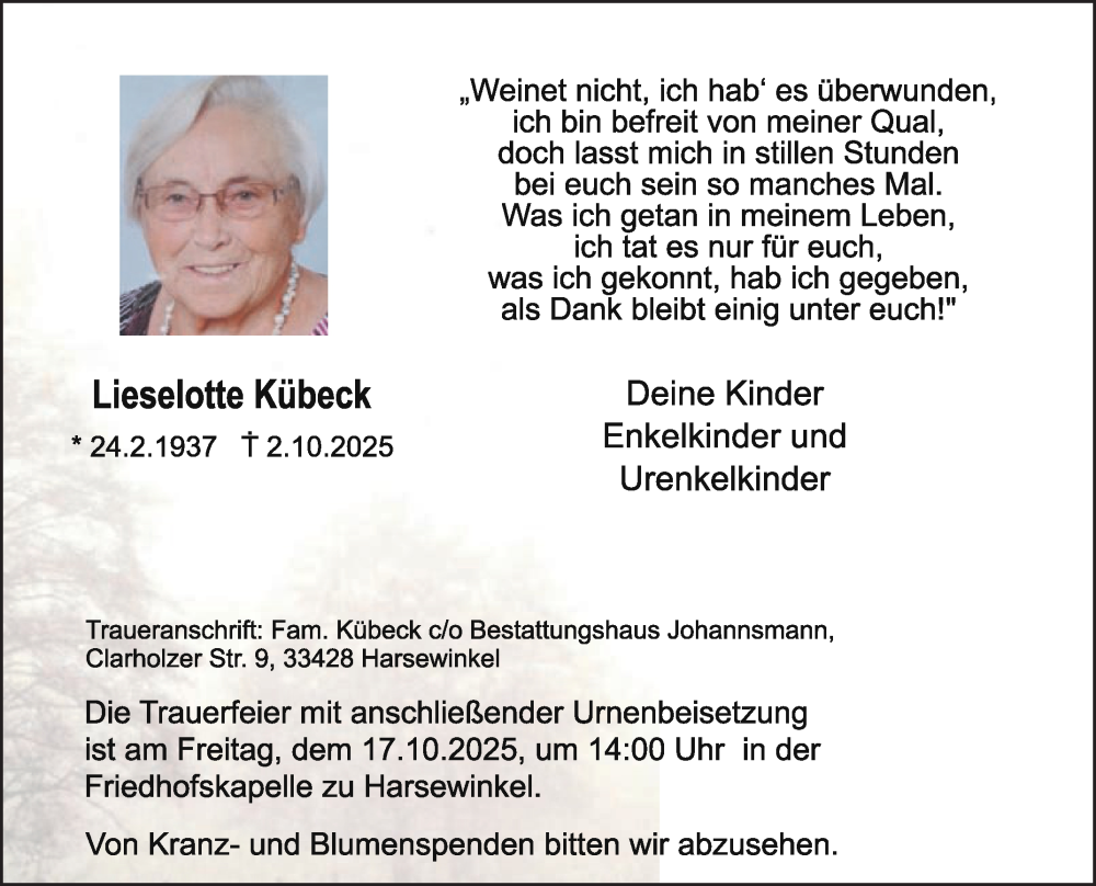  Traueranzeige für Lieselotte Kübeck vom 11.10.2025 aus Die Glocke