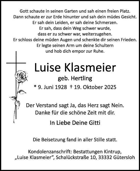 Traueranzeige von Luise Klasmeier von Die Glocke