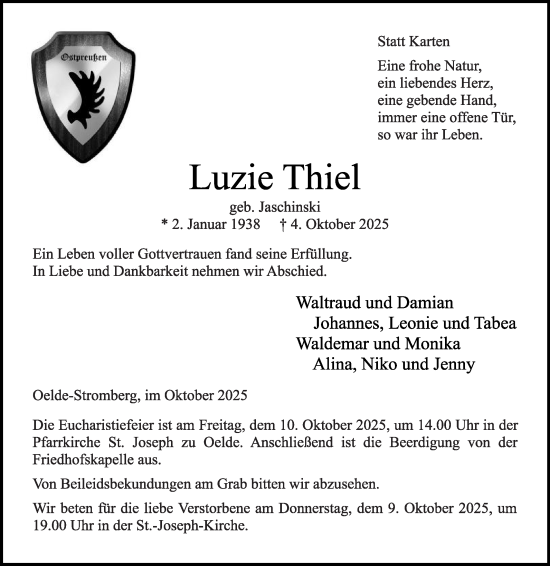 Traueranzeige von Luzie Thiel von Die Glocke