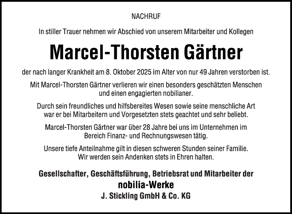  Traueranzeige für Marcel-Thorsten Gärtner vom 25.10.2025 aus Die Glocke