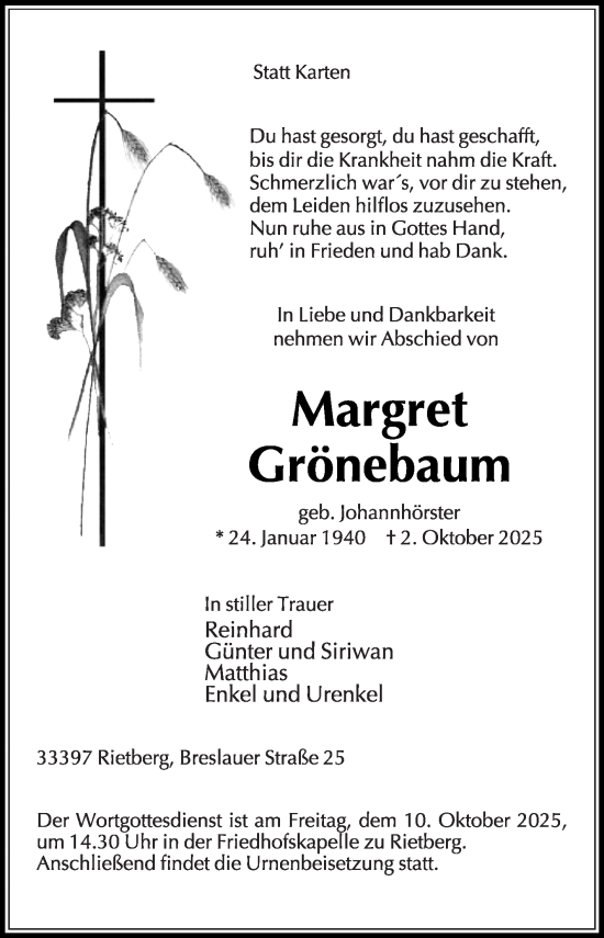 Traueranzeige von Margret Grönebaum von Die Glocke