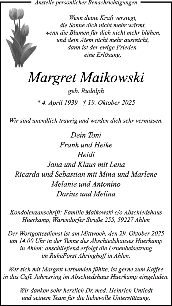  Traueranzeige für Margret Maikowski vom 25.10.2025 aus Die Glocke