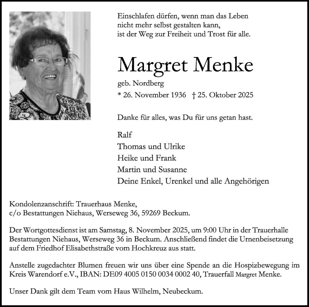  Traueranzeige für Margret Menke vom 31.10.2025 aus Die Glocke