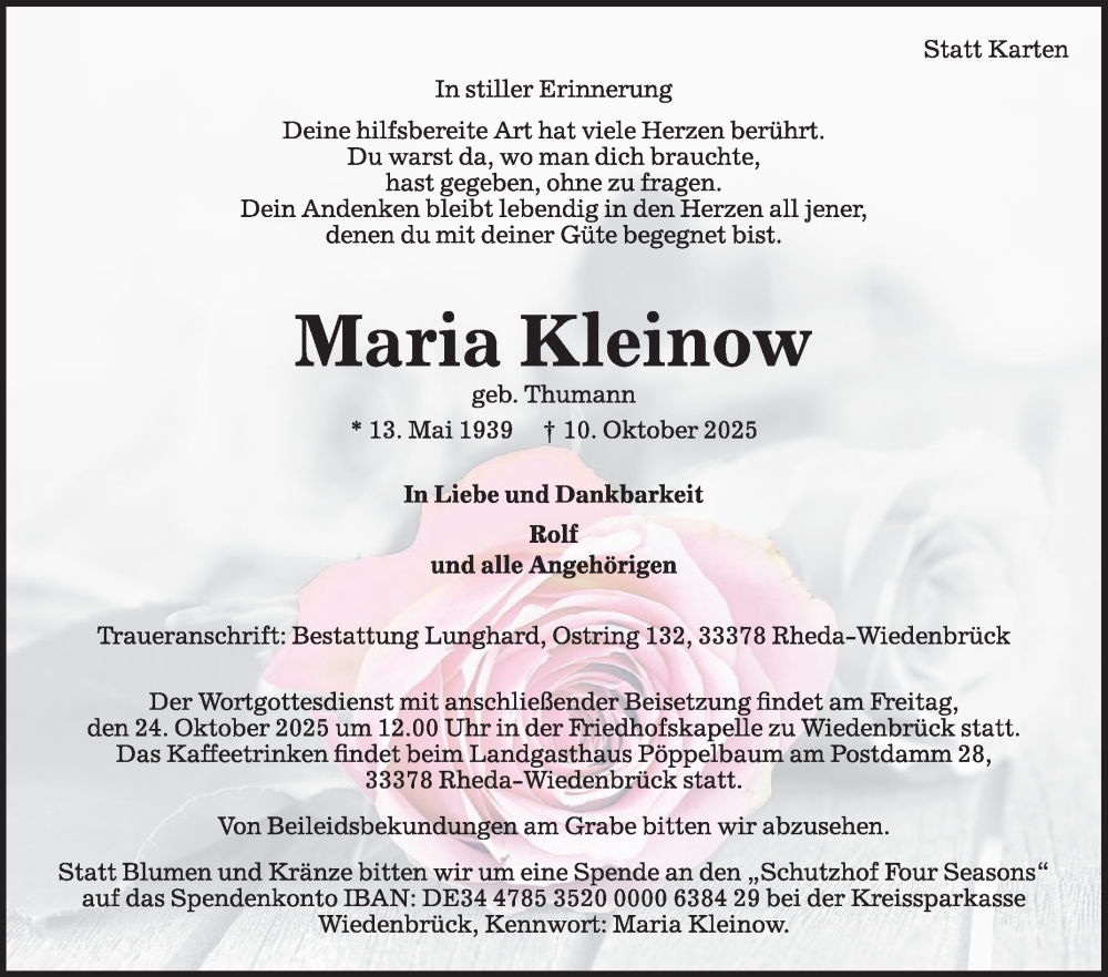  Traueranzeige für Maria Kleinow vom 17.10.2025 aus Die Glocke