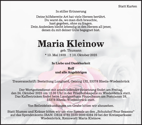 Traueranzeige von Maria Kleinow von Die Glocke