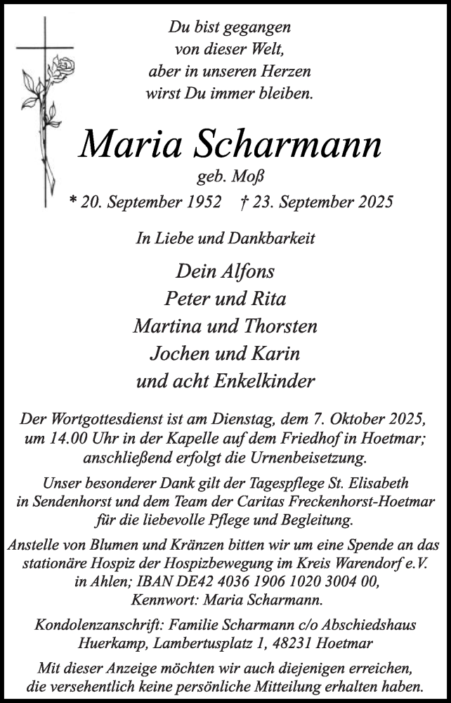  Traueranzeige für Maria Scharmann vom 01.10.2025 aus Die Glocke