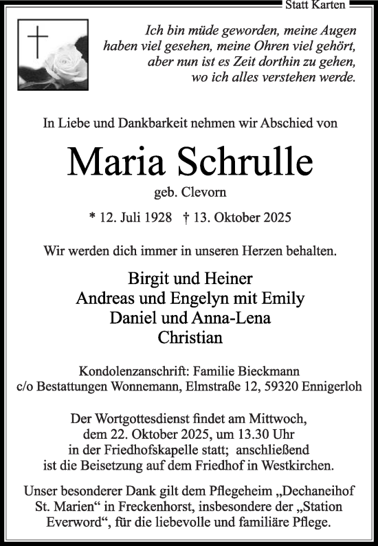 Traueranzeige von Maria Schrulle von Die Glocke