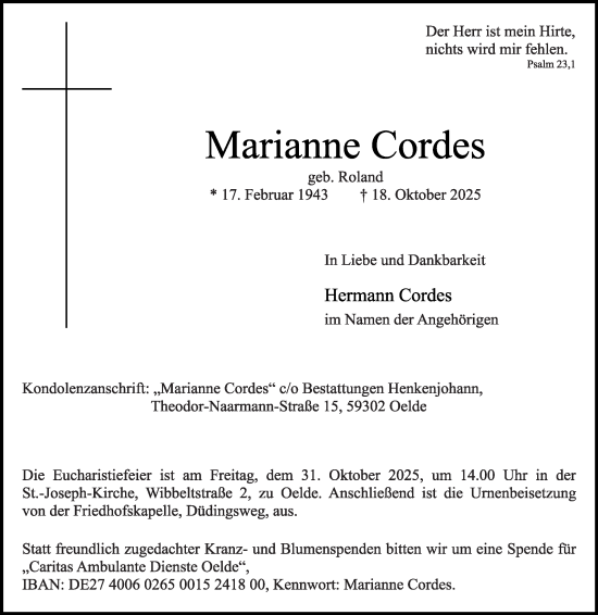 Traueranzeige von Marianne Cordes von Die Glocke