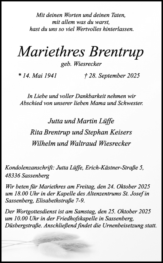 Traueranzeige von Mariethres Brentrup von Die Glocke