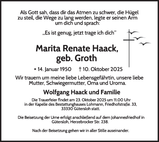 Traueranzeige von Marita Renate Haack von Die Glocke