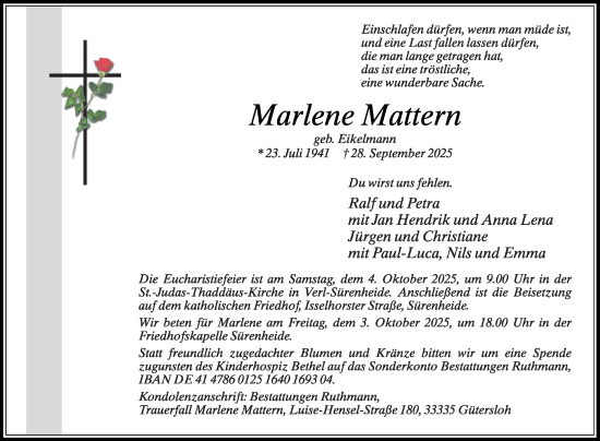 Traueranzeige von Marlene Mattern von Die Glocke