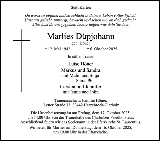Traueranzeige von Marlies Düpjohann von Die Glocke