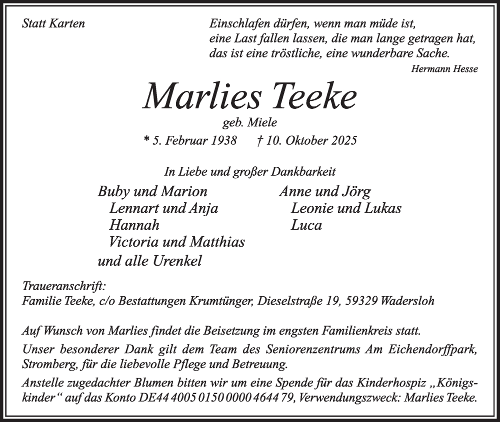  Traueranzeige für Marlies Teeke vom 18.10.2025 aus Die Glocke