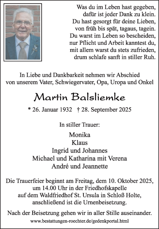 Traueranzeige von Martin Balsliemke von Die Glocke