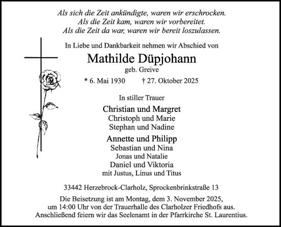 Traueranzeige von Mathilde Düpjohann von Die Glocke