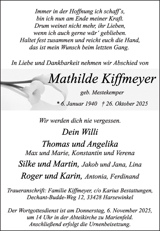 Traueranzeige von Mathilde Kiffmeyer von Die Glocke
