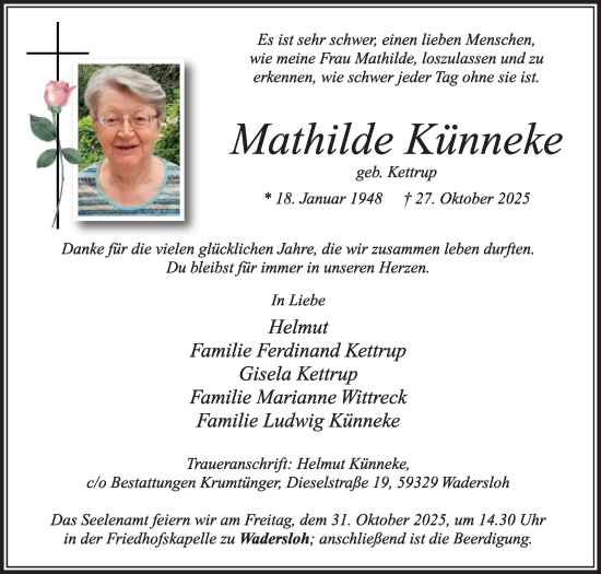 Traueranzeige von Mathilde Künneke von Die Glocke