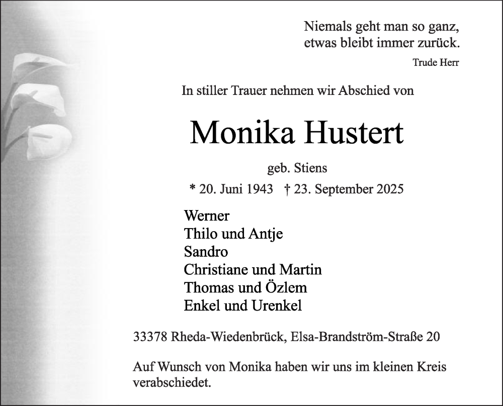  Traueranzeige für Monika Hustert vom 18.10.2025 aus Die Glocke