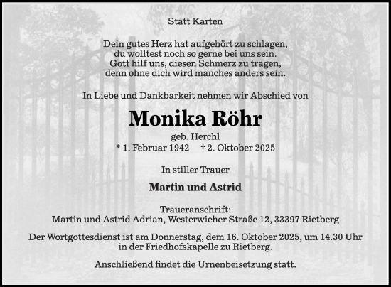 Traueranzeige von Monika Röhr von Die Glocke