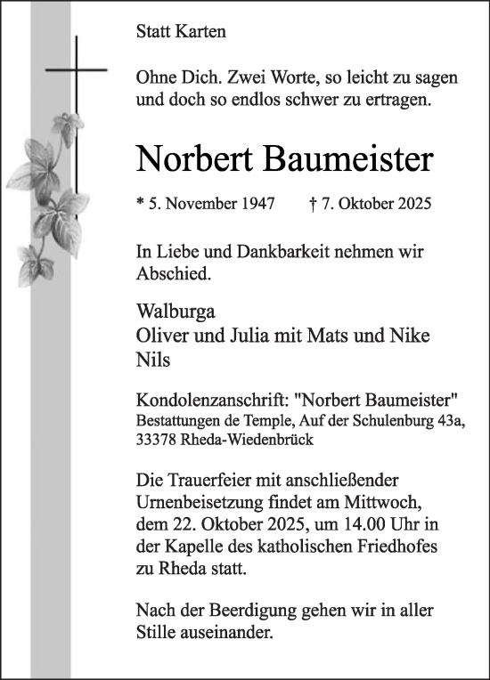 Traueranzeige von Norbert Baumeister von Die Glocke