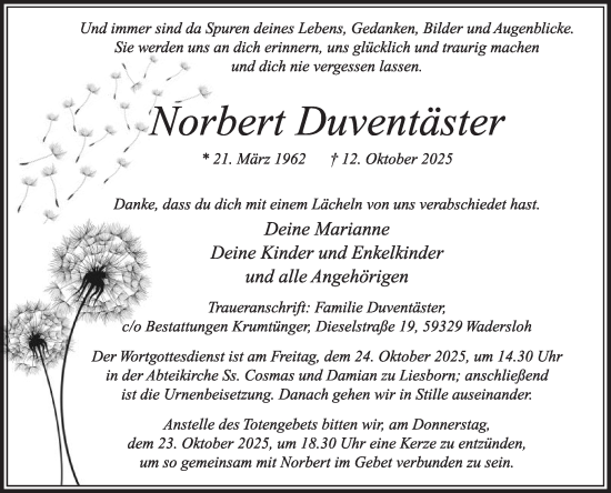 Traueranzeige von Norbert Duventäster von Die Glocke