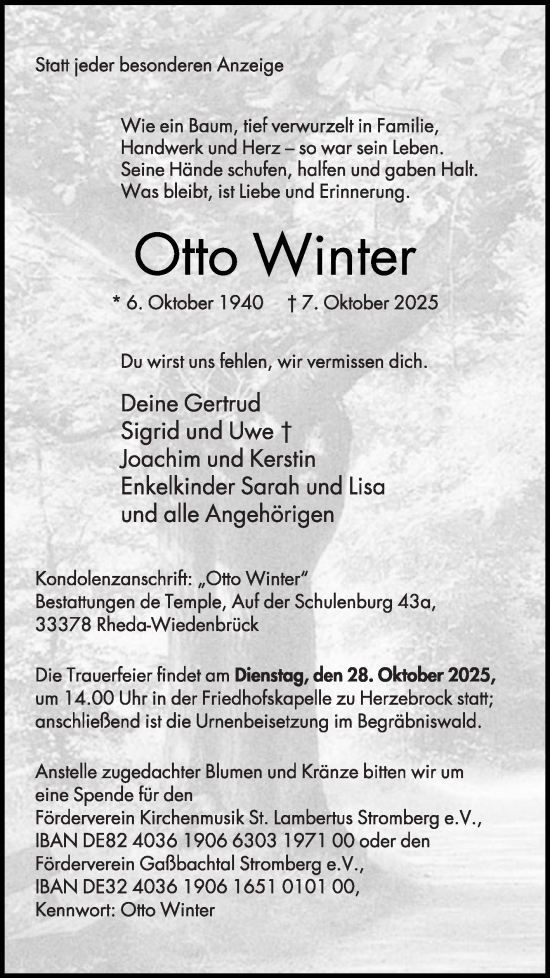 Traueranzeige von Otto Winter von Die Glocke