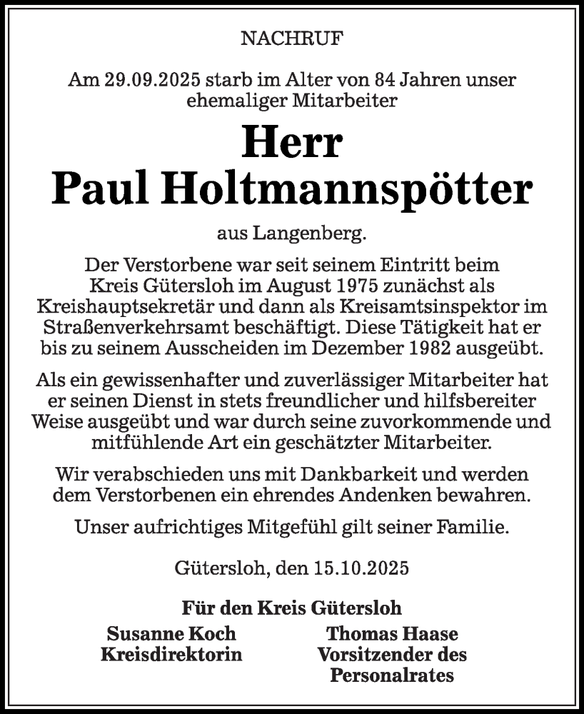  Traueranzeige für Paul Holtmannspötter vom 18.10.2025 aus Die Glocke