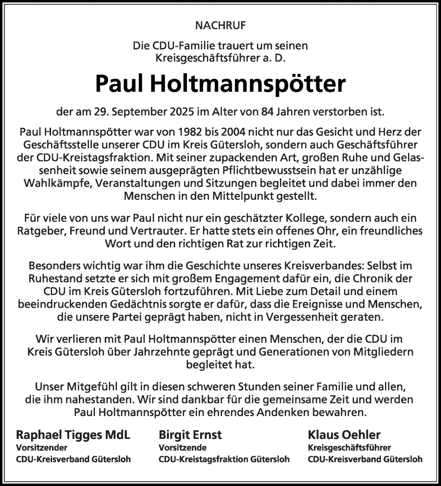  Traueranzeige für Paul Holtmannspötter vom 08.10.2025 aus Die Glocke