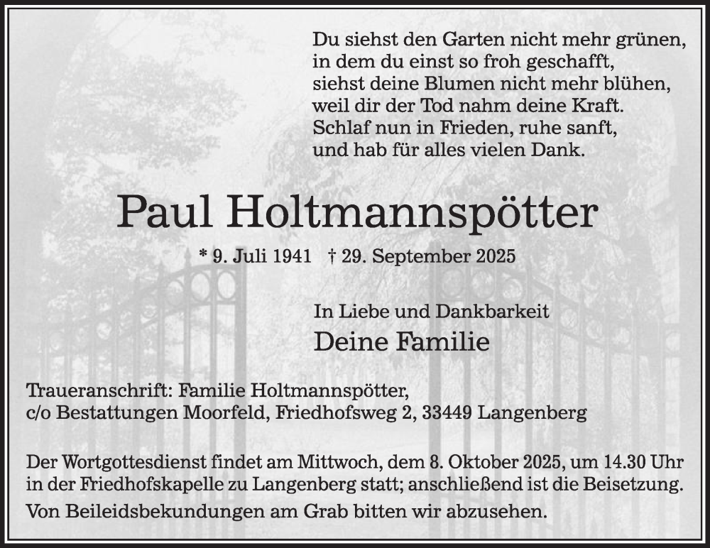  Traueranzeige für Paul Holtmannspötter vom 04.10.2025 aus Die Glocke
