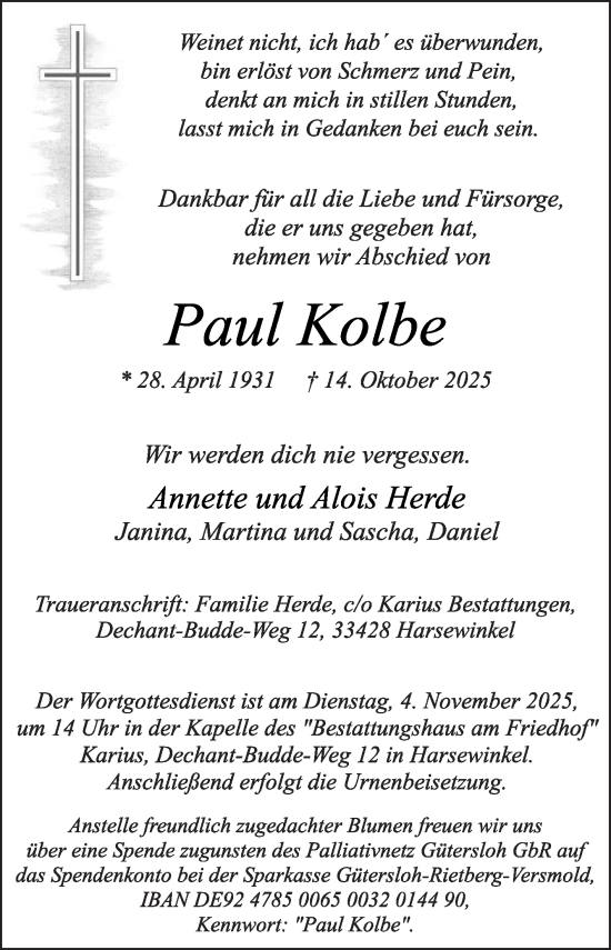 Traueranzeige von Paul Kolbe von Die Glocke