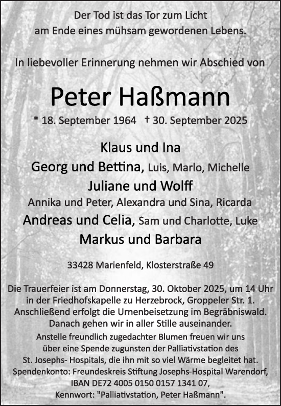 Traueranzeige von Peter Haßmann von Die Glocke