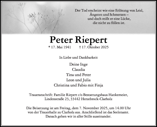 Traueranzeige von Peter Riepert von Die Glocke