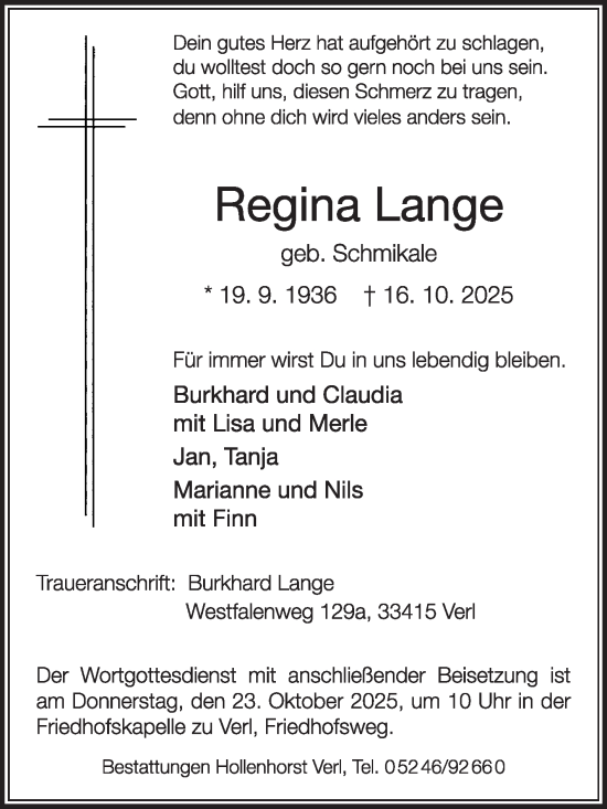 Traueranzeige von Regina Lange von Die Glocke