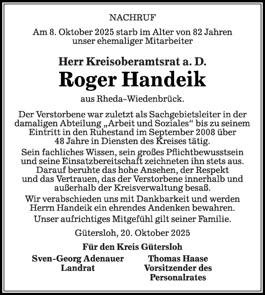  Traueranzeige für Roger Handeik vom 22.10.2025 aus Die Glocke
