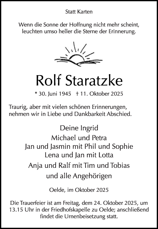 Traueranzeige von Rolf Staratzke von Die Glocke