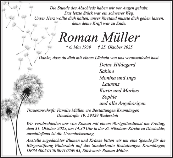 Traueranzeige von Roman Müller von Die Glocke
