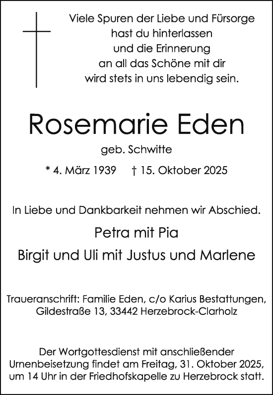 Traueranzeige von Rosemarie Eden von Die Glocke