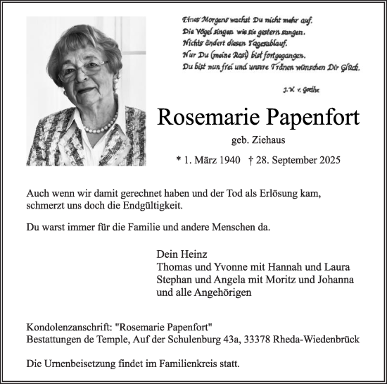 Traueranzeige von Rosemarie Papenfort von Die Glocke