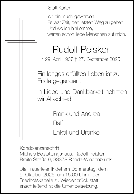 Traueranzeige von Rudolf Peisker von Die Glocke