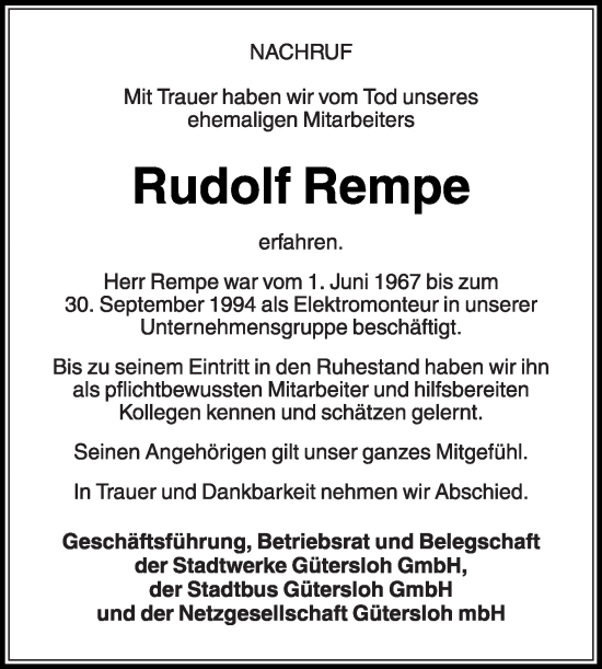 Traueranzeige von Rudolf Rempe von Die Glocke