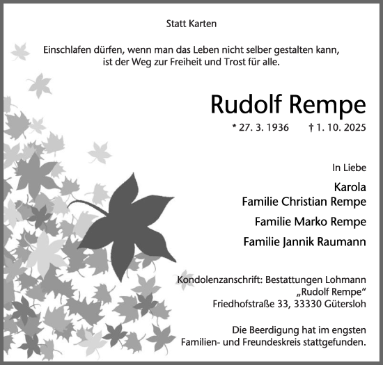 Traueranzeige von Rudolf Rempe von Die Glocke