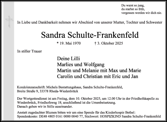 Traueranzeige von Sandra Schulte-Frankenfeld von Die Glocke