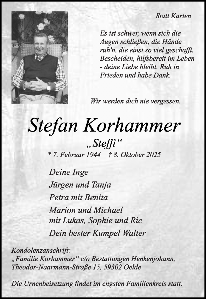  Traueranzeige für Stefan Korhammer vom 18.10.2025 aus Die Glocke
