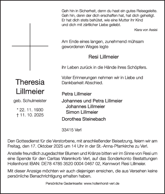 Traueranzeige von Theresia Lillmeier von Die Glocke