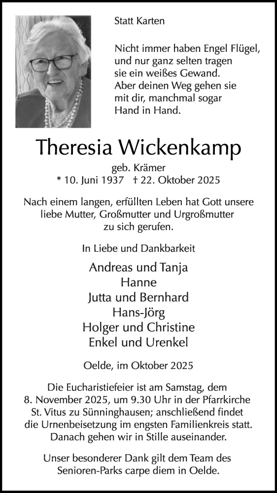  Traueranzeige für Theresia Wickenkamp vom 31.10.2025 aus Die Glocke