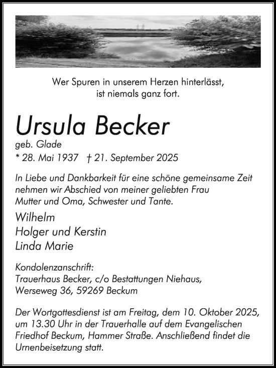 Traueranzeige von Ursula Becker von Die Glocke