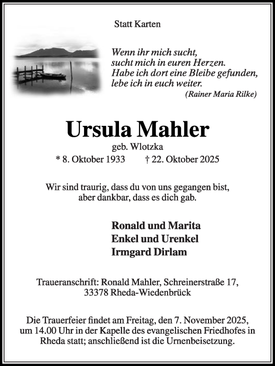 Traueranzeige von Ursula Mahler von Die Glocke