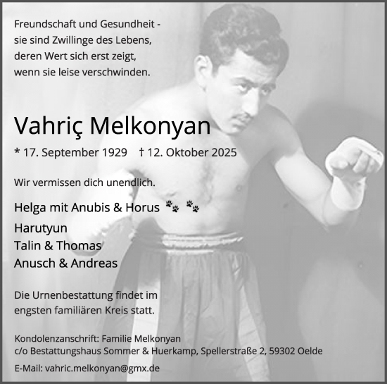 Traueranzeige von Vahric Melkonyan von Die Glocke