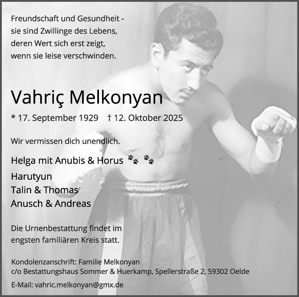  Traueranzeige für Vahric Melkonyan vom 25.10.2025 aus Die Glocke